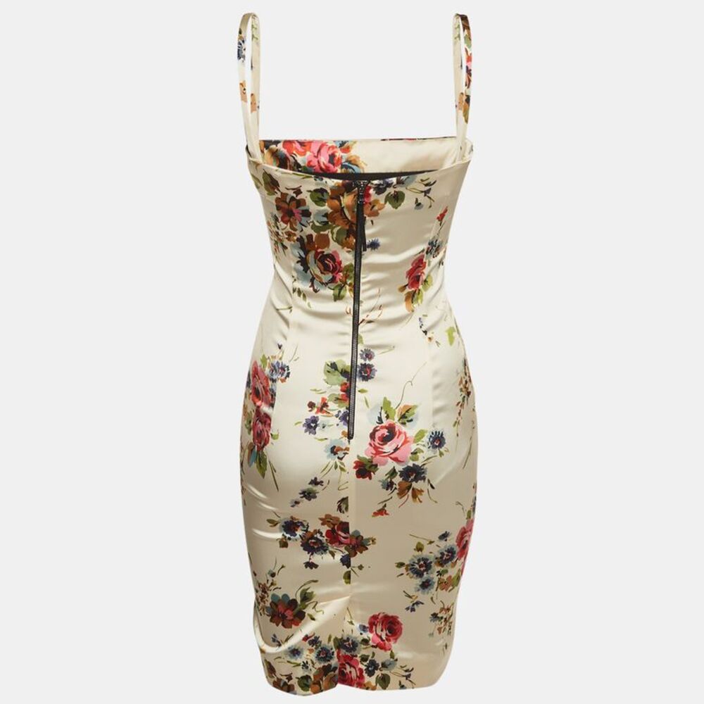 Dolce & Gabbana Beige Floral Print Satin Zip Up Mini Dress Xs - Picture 3 of 7